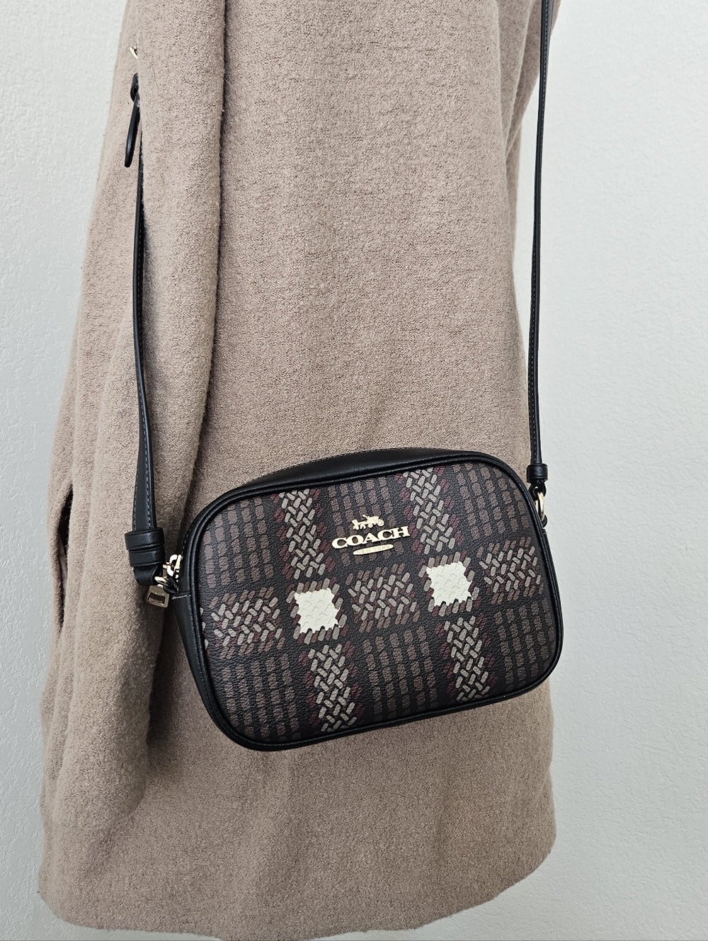 Coach Mini Jamie Plaid Crossbody Bag in Brown/Black